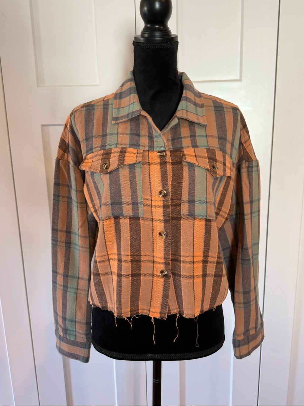 Plaid Cropped Shacket in Orange, Turquoise and Brown